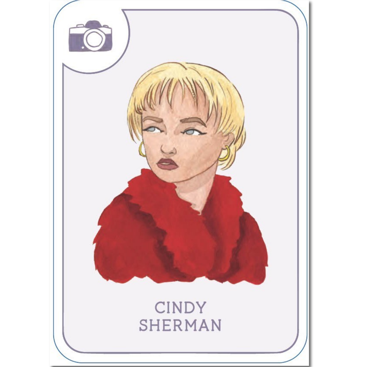 Card featuring a portrait of Cindy Sherman with a red fur coat on a white background