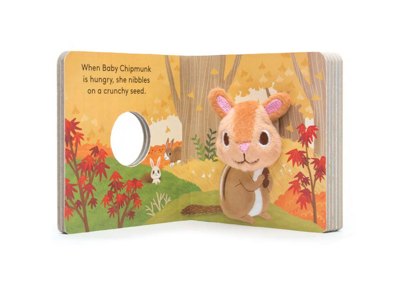 Children's book with a plush toy of a baby chipmunk on a forest-themed page.