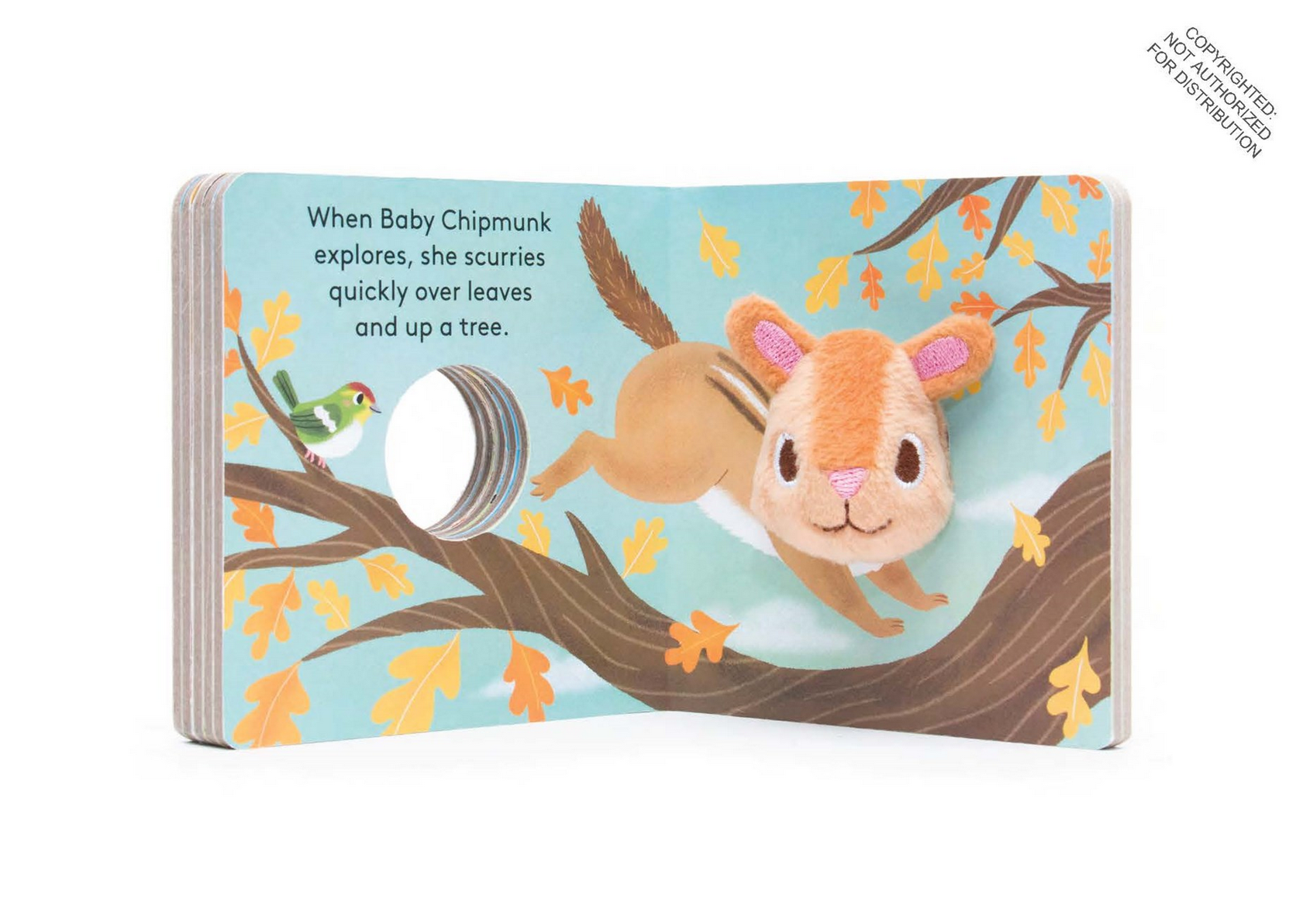 Children's book page with a chipmunk illustration and text on a white background