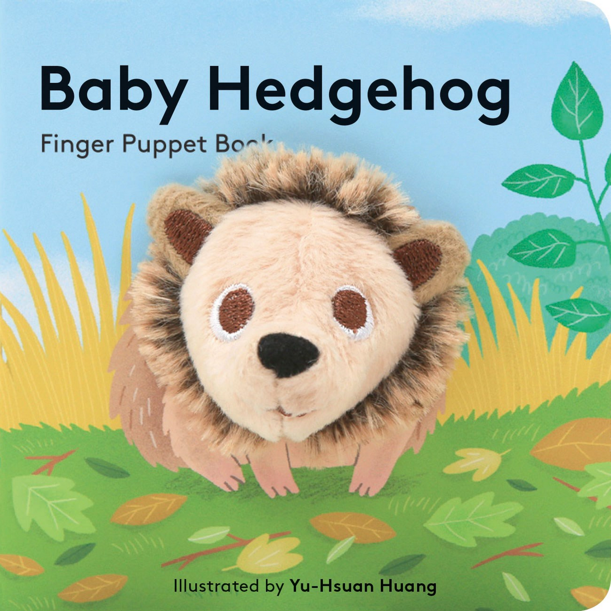 Book cover of 'Baby Hedgehog' finger puppet book with a hedgehog puppet on a natural background.