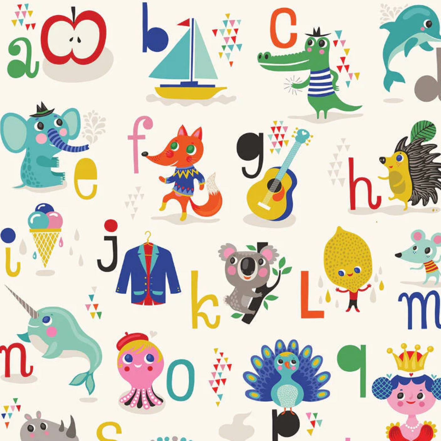 Alphabet chart with colorful animals and objects on a white background