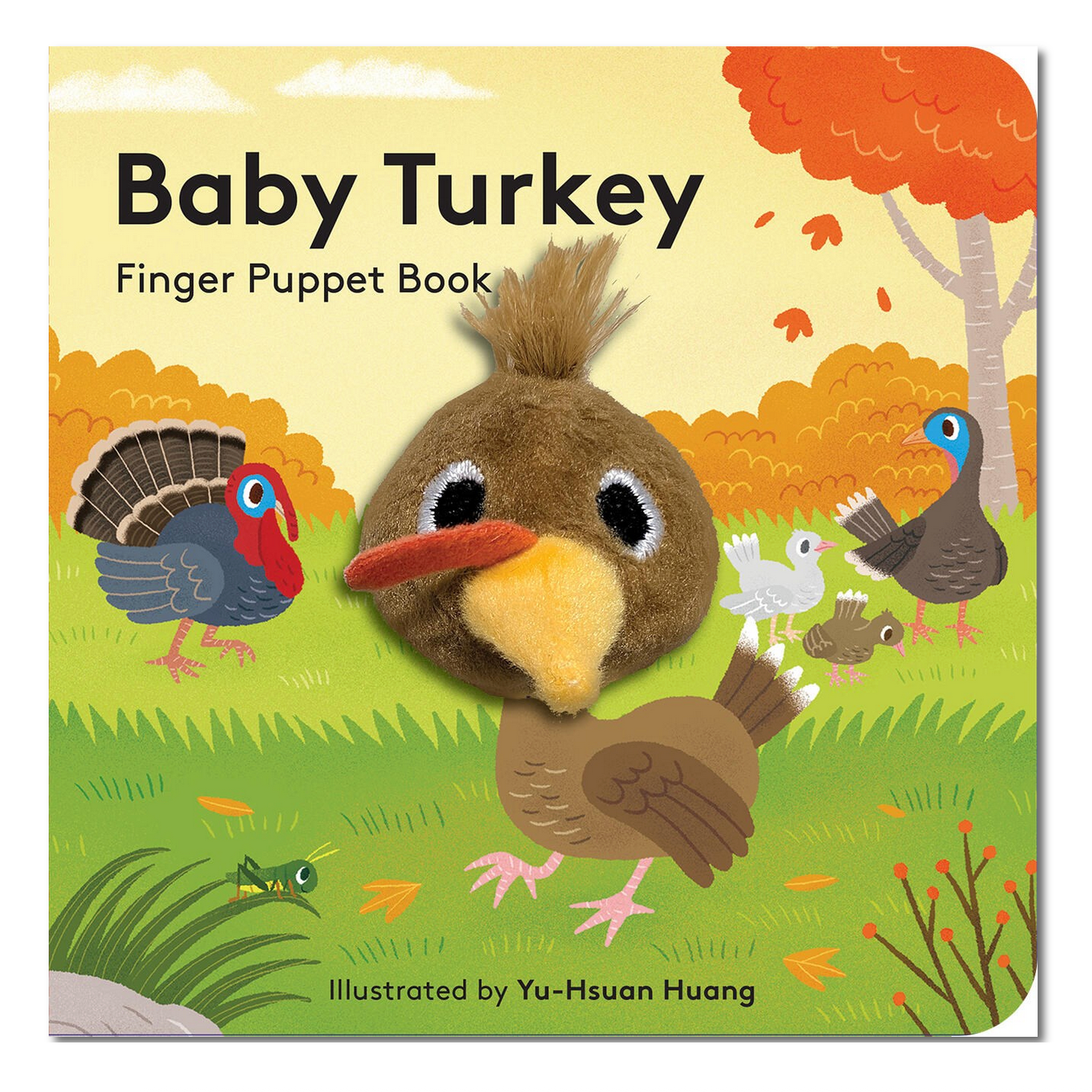 Finger puppet book cover titled 'Baby Turkey' with a turkey puppet on a colorful background.