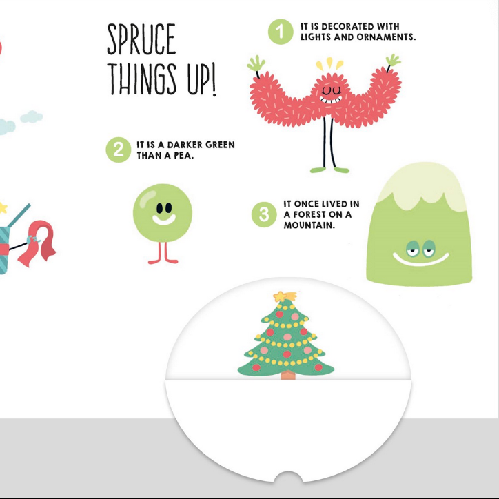 Educational children's book page with Christmas-themed illustrations and text.
