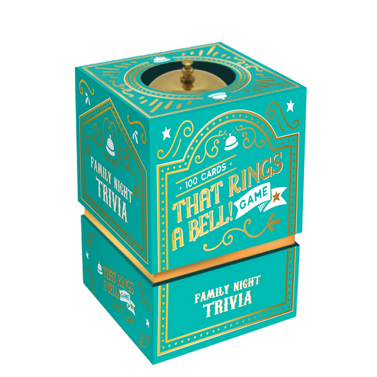 Teal box with decorative text and design on a white background