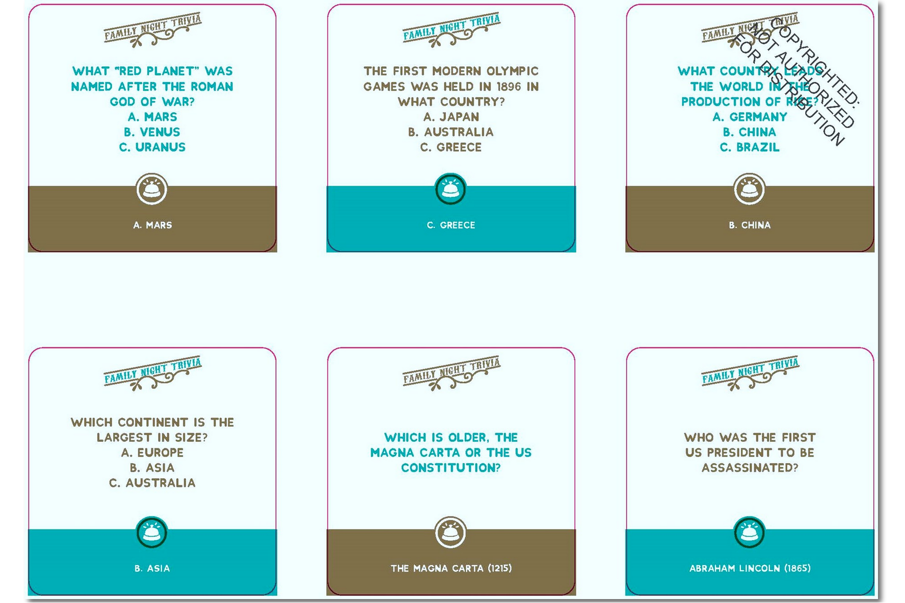 Set of educational trivia cards on a white background