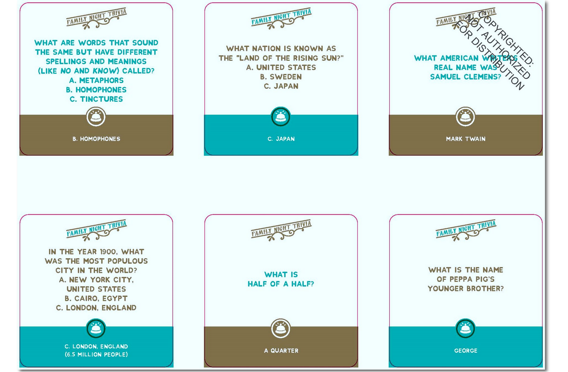 Set of trivia cards with multiple-choice questions on a white background
