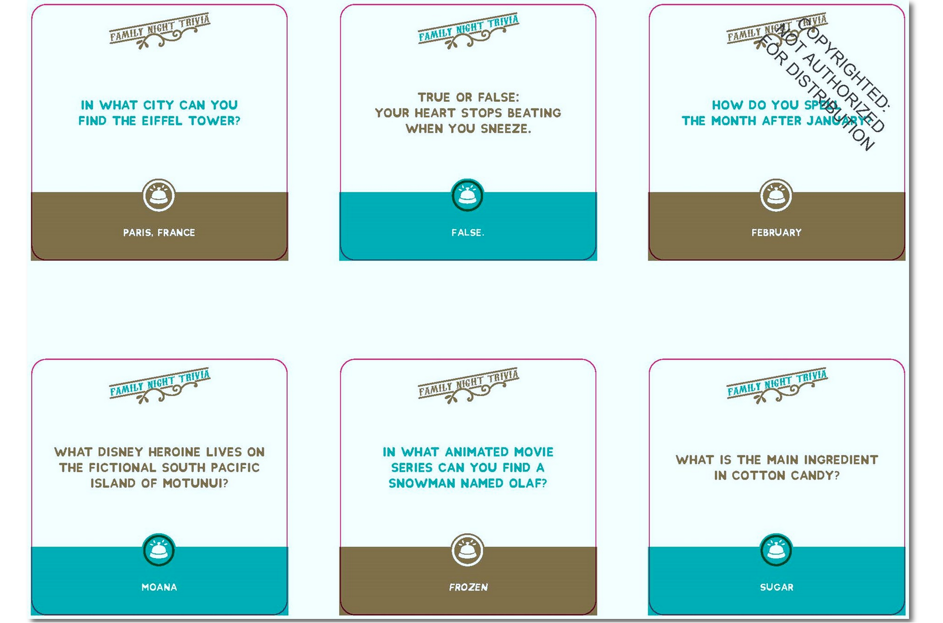 Set of trivia cards with multiple-choice questions on a white background