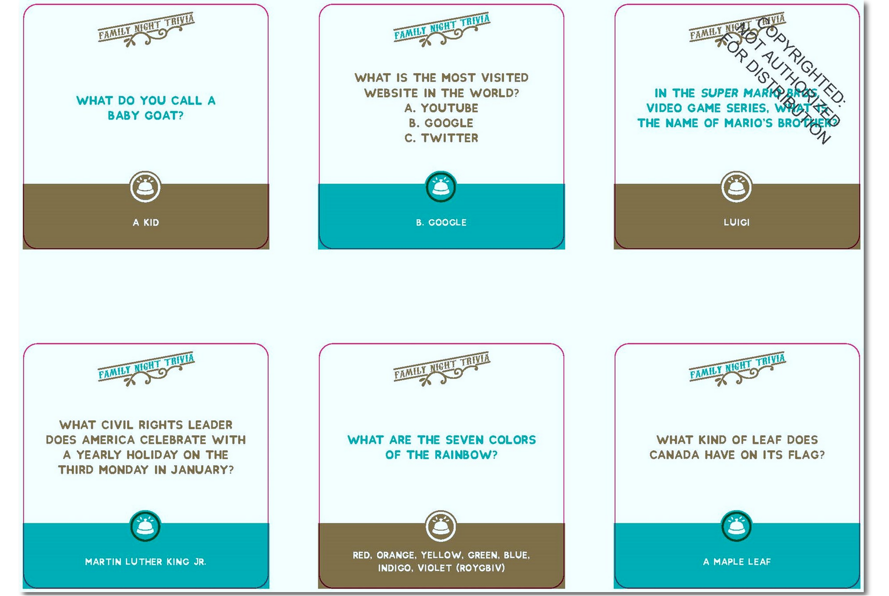 Set of trivia cards with questions and answers on a white background