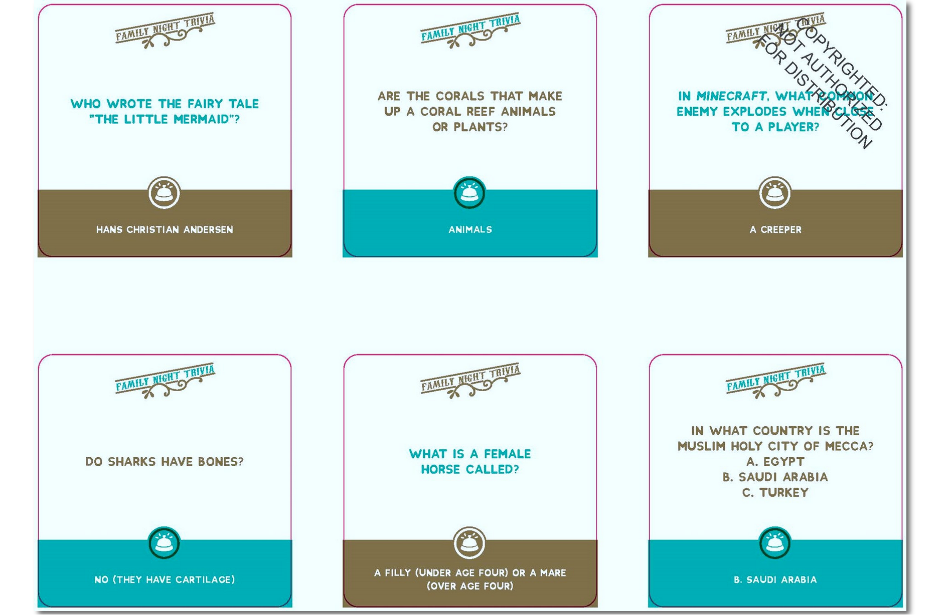 Set of educational cards with questions and answers on a white background