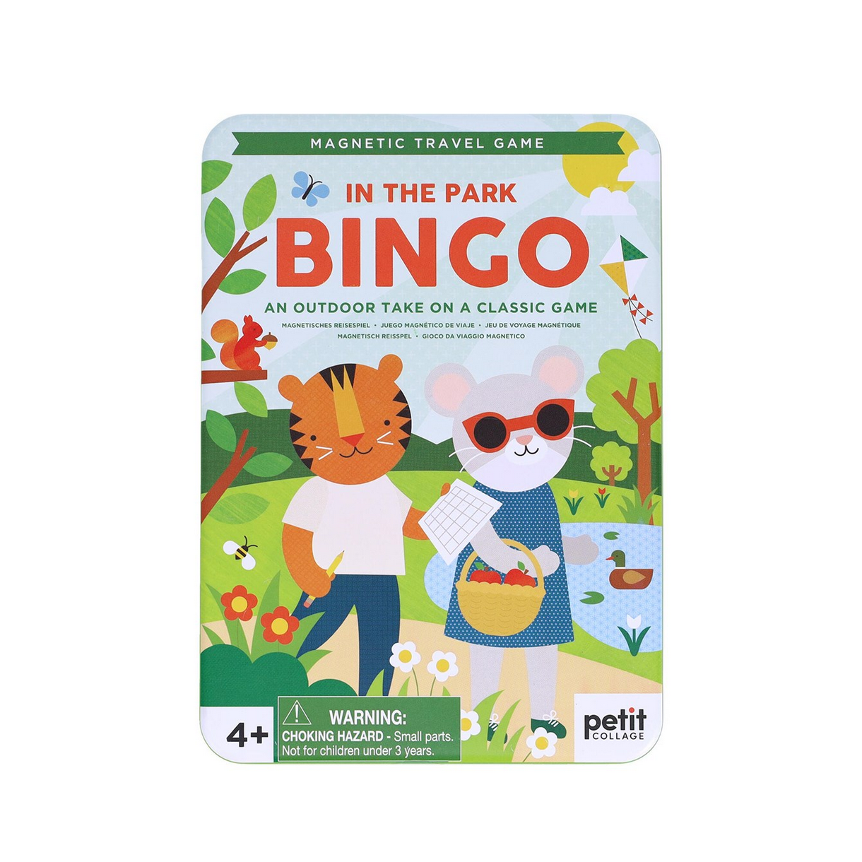 Bingo game packaging with cartoon animals in a park setting, featuring the brand 'petit collage'.
