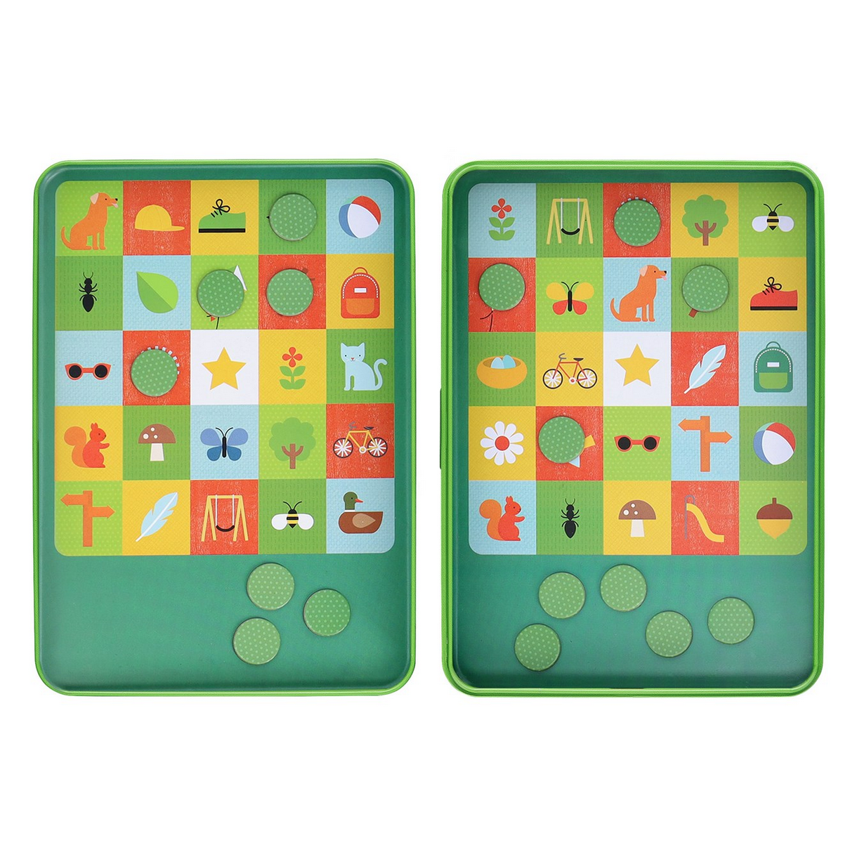 Two green educational toys with colorful square designs on a white background