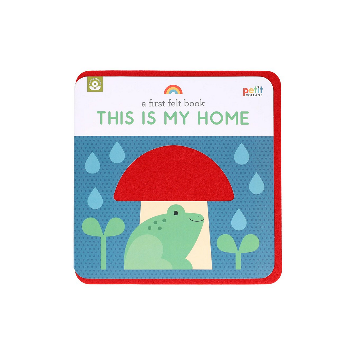 Children's book titled 'This is My Home' with a red mushroom and green frog illustration on a blue background.