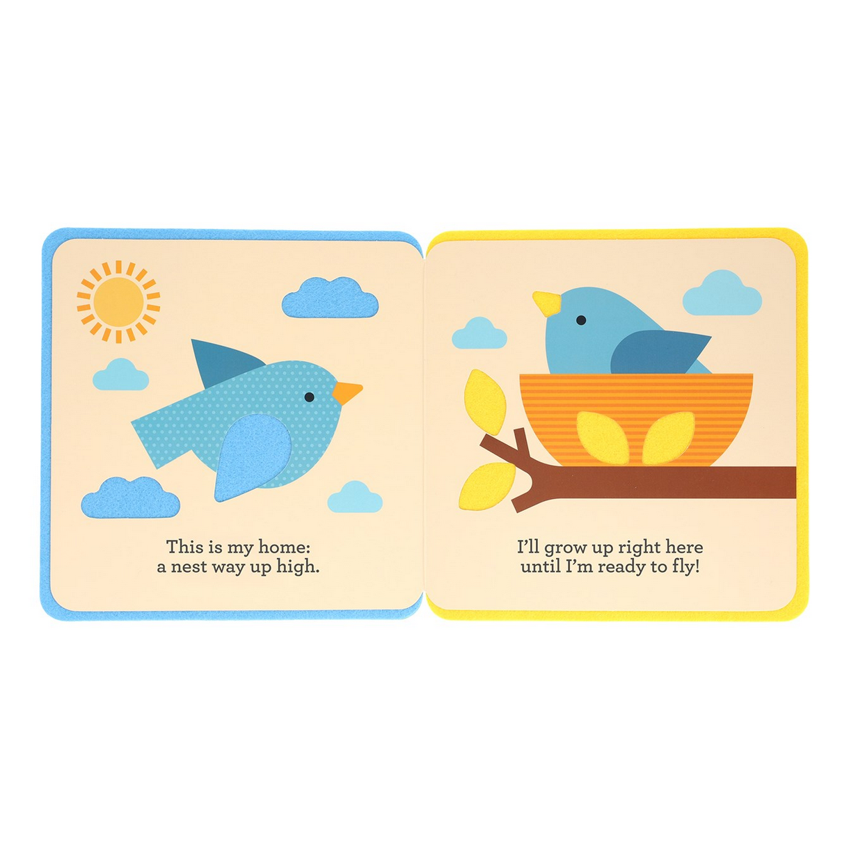 Illustration of a children's book page with a blue bird and nest, sun, and clouds on a white background.