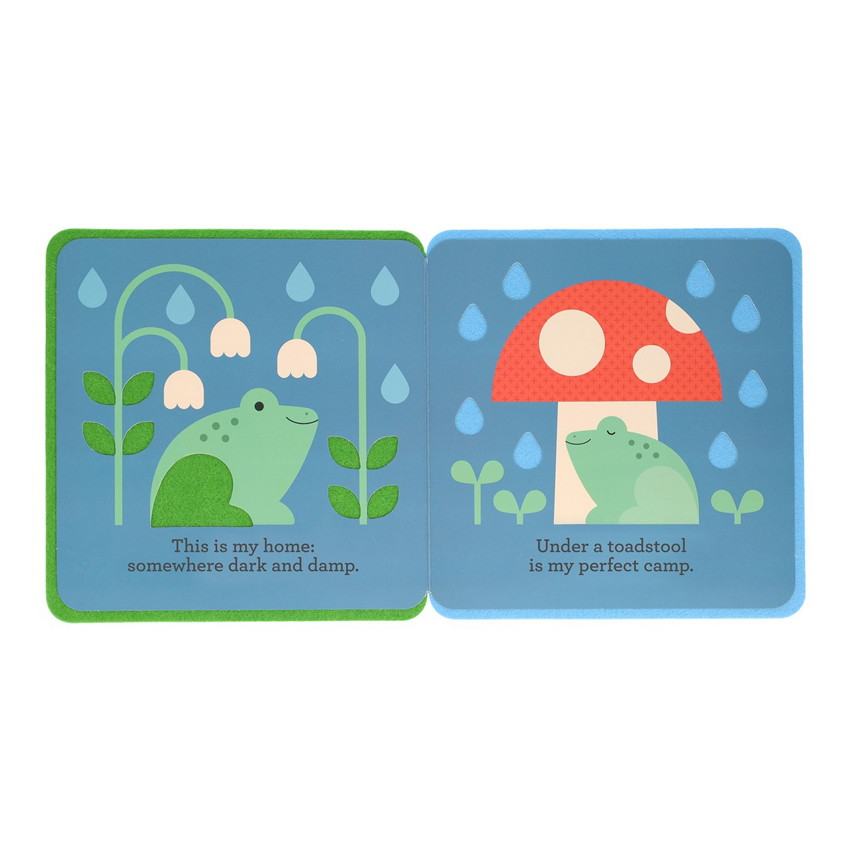 Children's book page with frog and toadstool illustration on a blue background