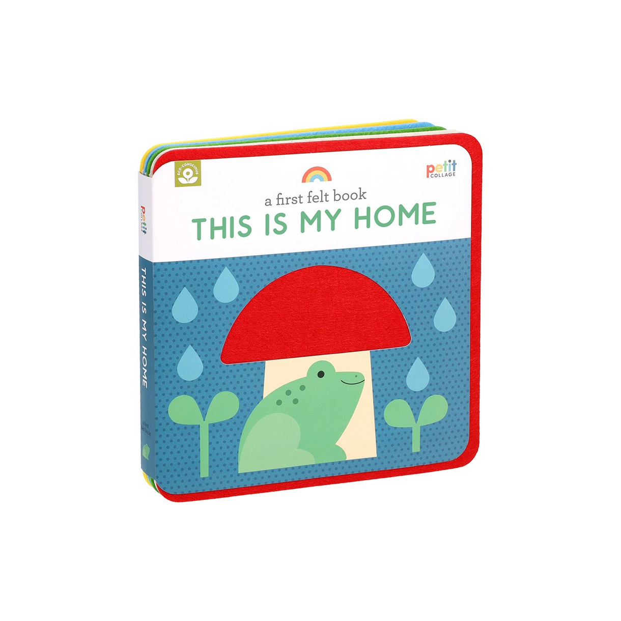 Children's book titled 'This is My Home' with a red mushroom and green frog illustration on a blue background.