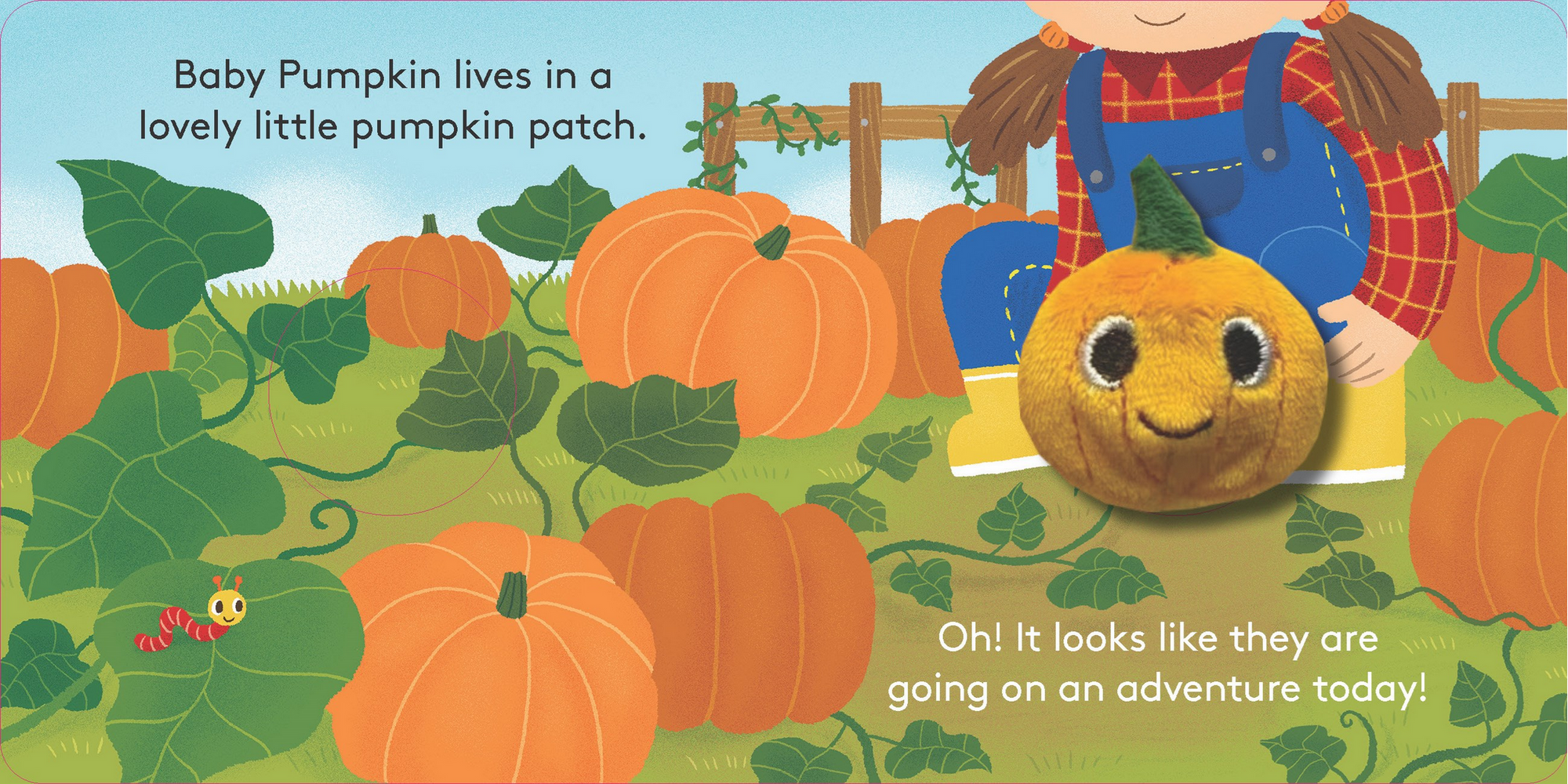 Illustration of a baby pumpkin in overalls surrounded by pumpkins and leaves with text.