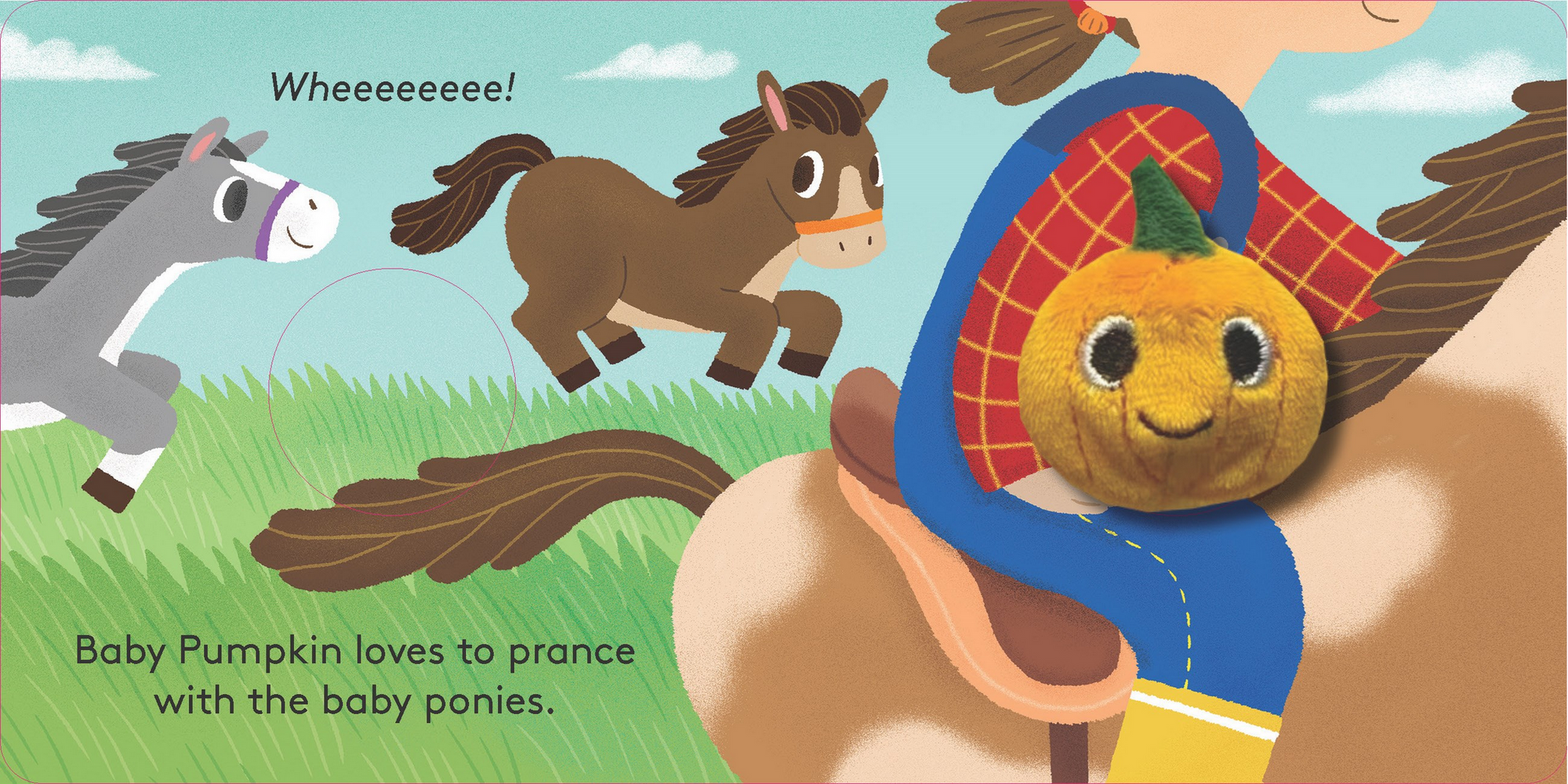 Illustration of a pumpkin character on a horse with ponies in the background
