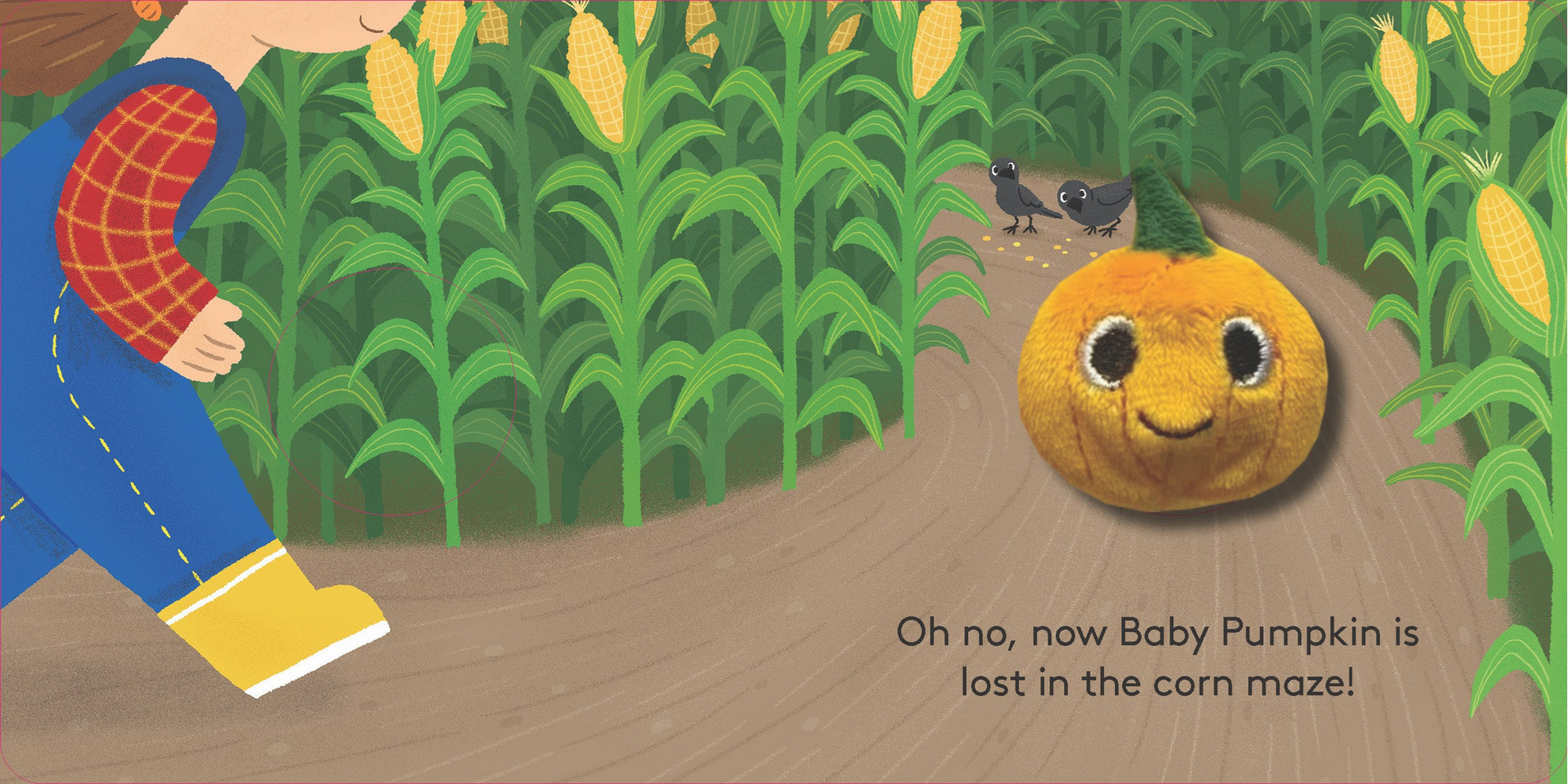 Illustration of a baby pumpkin in a corn maze with a person and two dogs nearby.