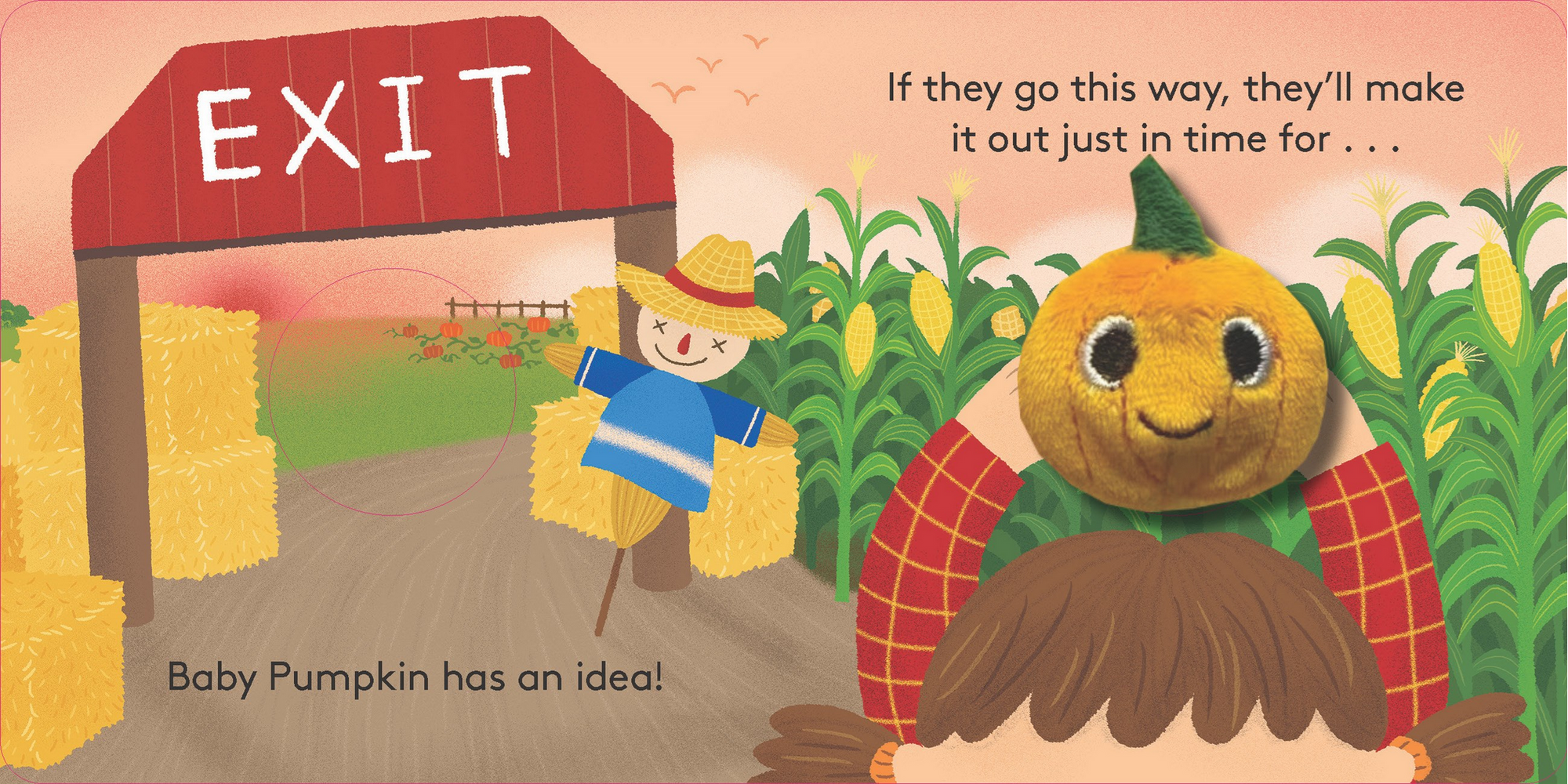 Illustration of a pumpkin character and a child in a field with an 'EXIT' sign above.