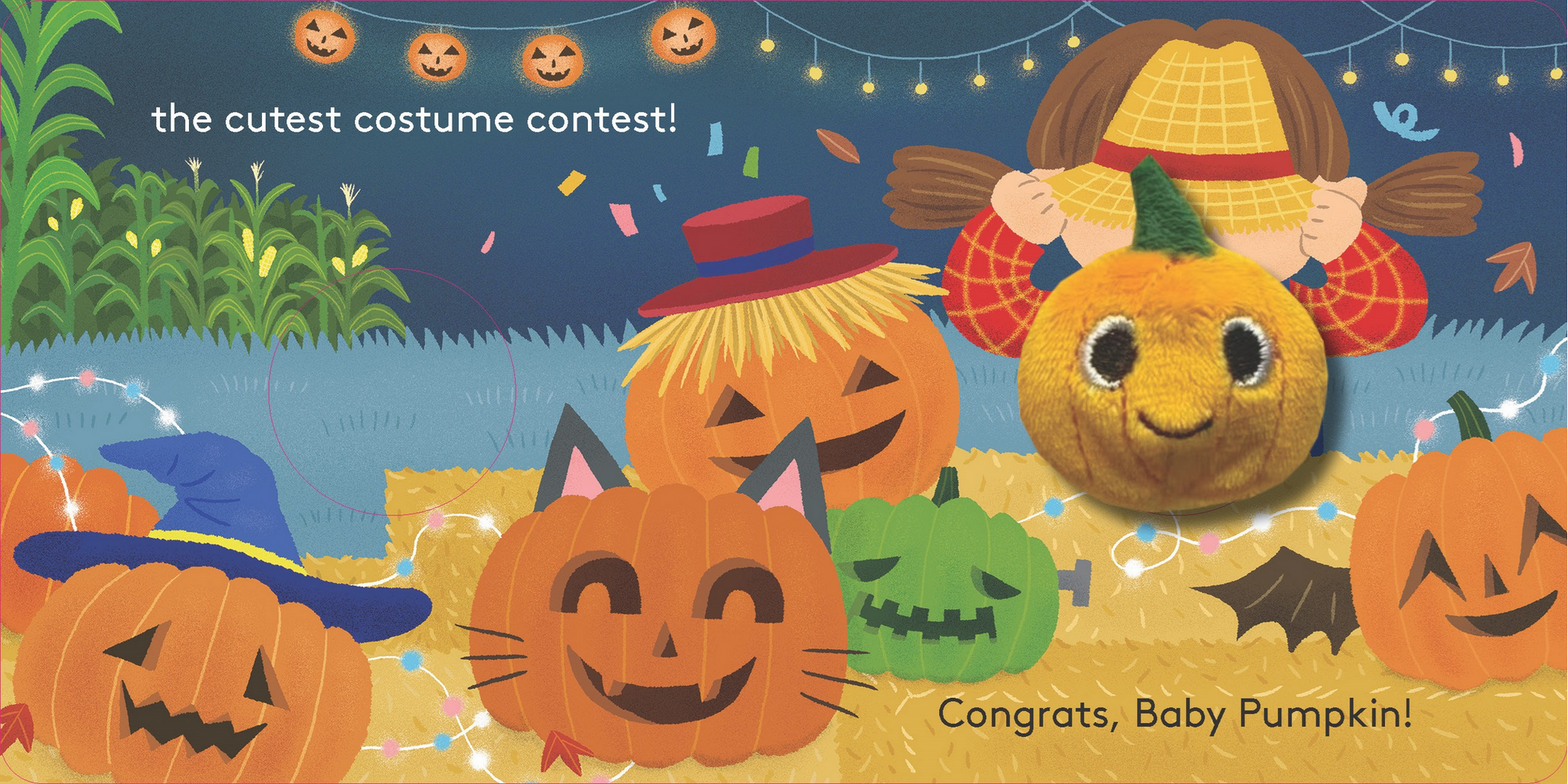 Halloween-themed illustration with pumpkins and a baby pumpkin, featuring text about a costume contest.