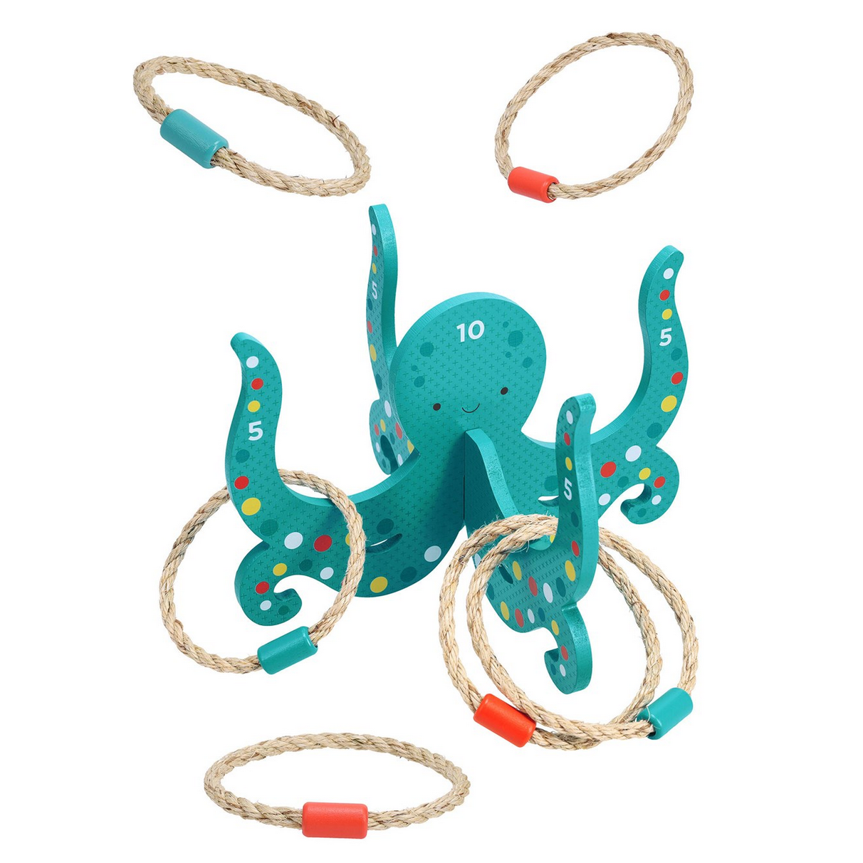 Teal octopus toy with rope rings on a white background