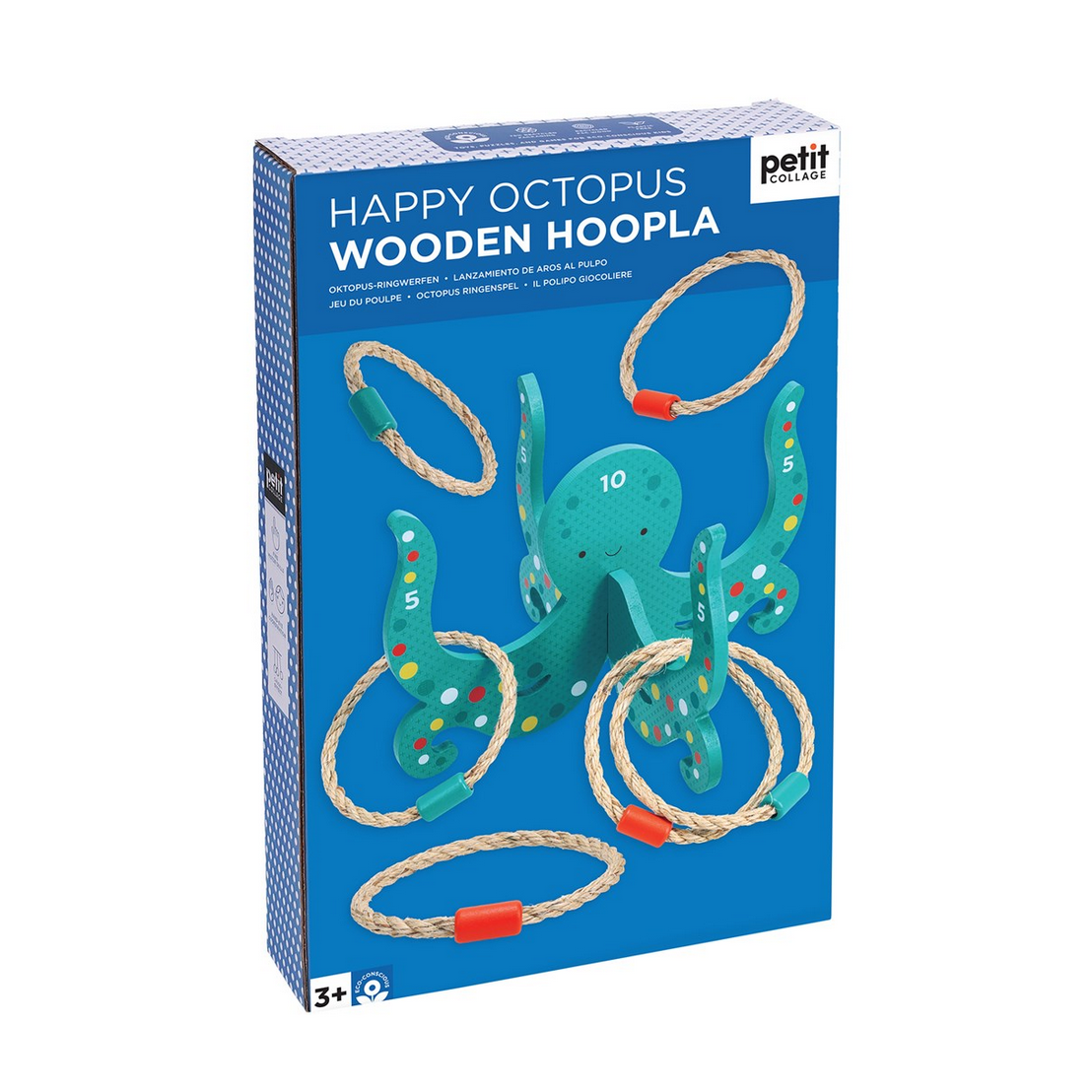 Box of Happy Octopus Wooden Hoopla toy on a white background