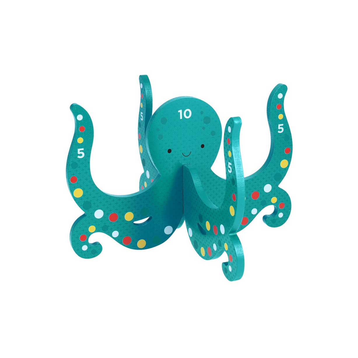 Teal octopus with colorful polka dots on a white background