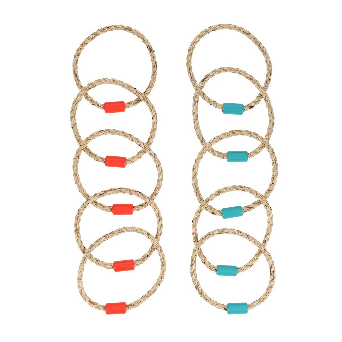 Two sets of interlocking rings with red and blue connectors on a white background