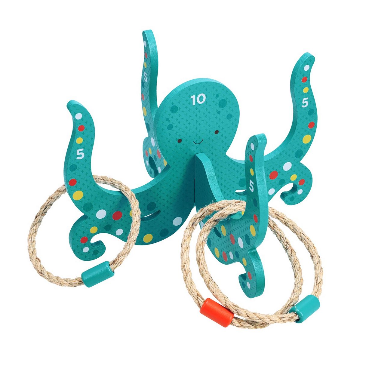 Teal octopus-shaped toy with ropes on a white background