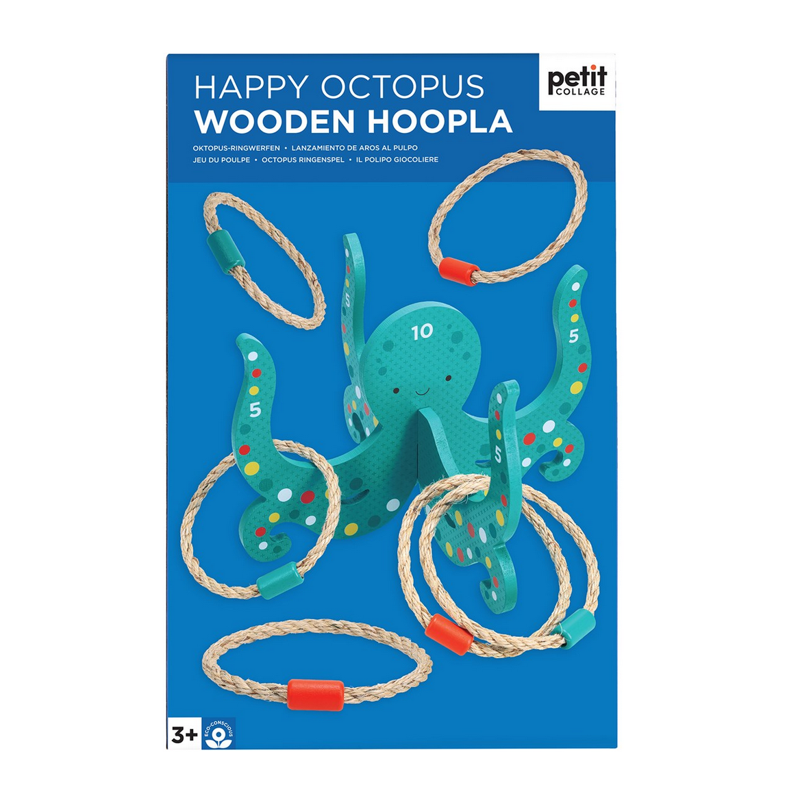Happy Octopus wooden hoopla toy packaging with blue background