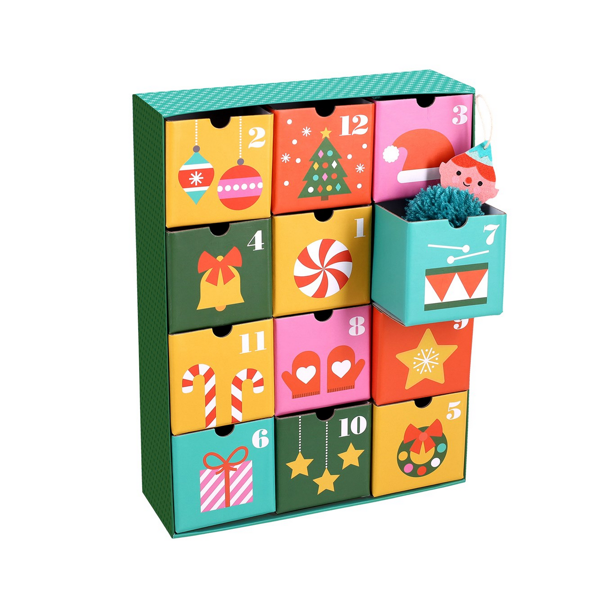 Colorful advent calendar with cartoon characters on a white background