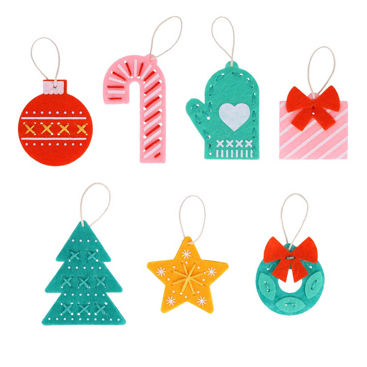 Set of colorful Christmas-themed paper ornaments on a white background