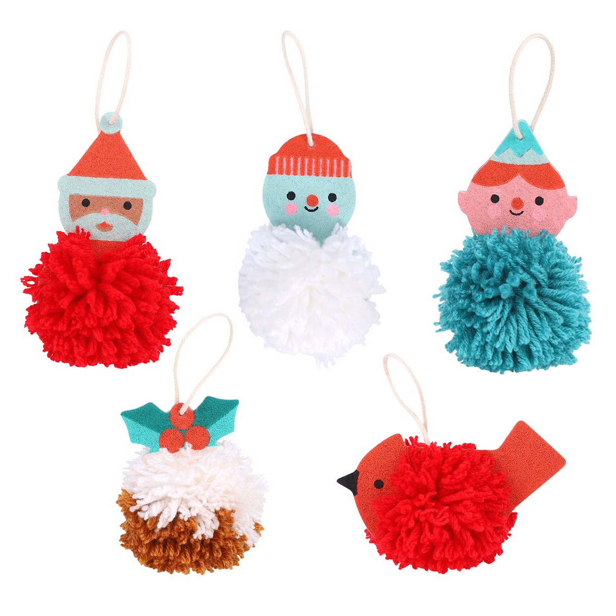 Set of colorful pom-pom ornaments including Santa, elf, bird, and cake design on a white background.
