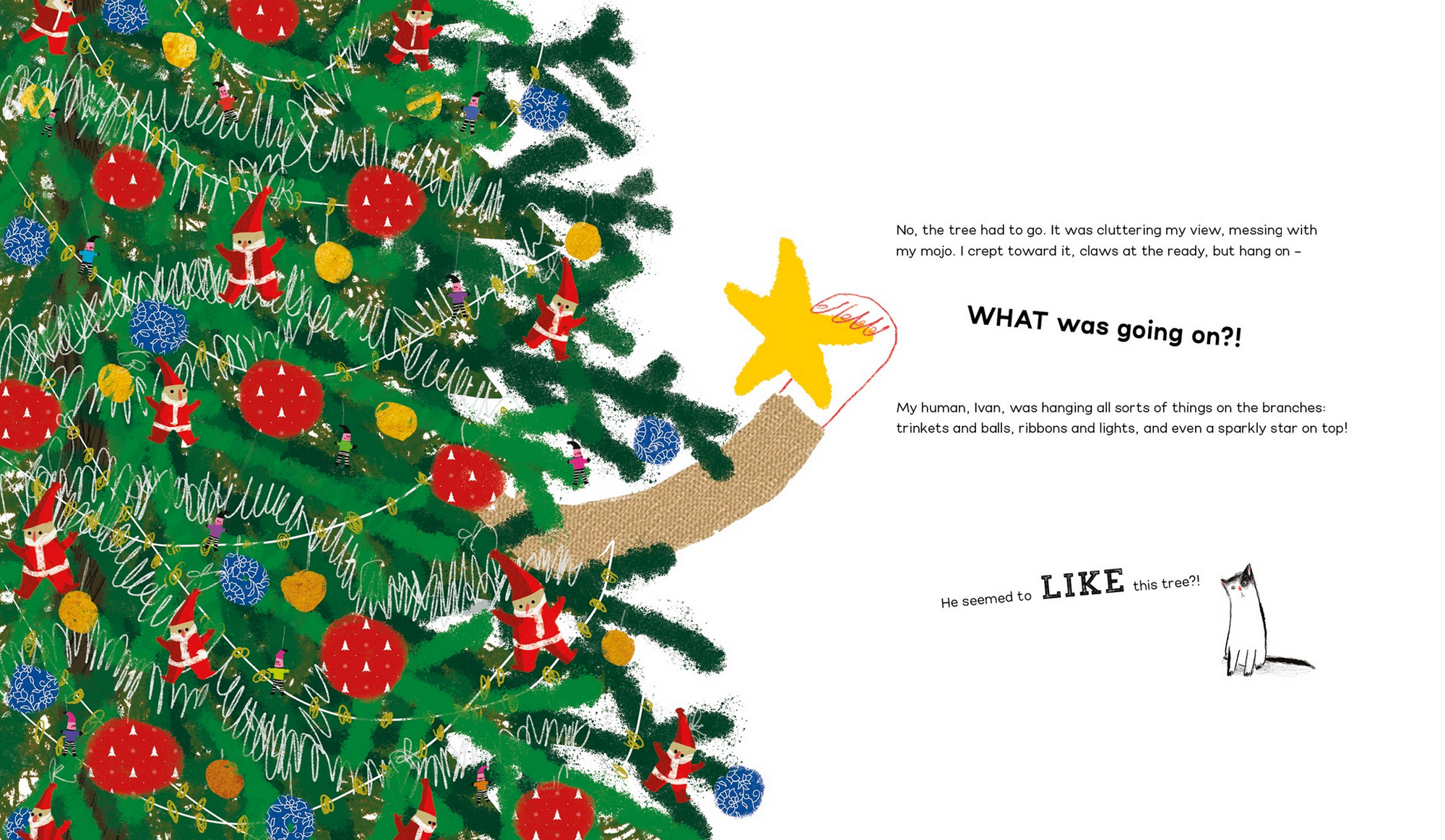 Illustration of a decorated Christmas tree with ornaments and a star, accompanied by text.