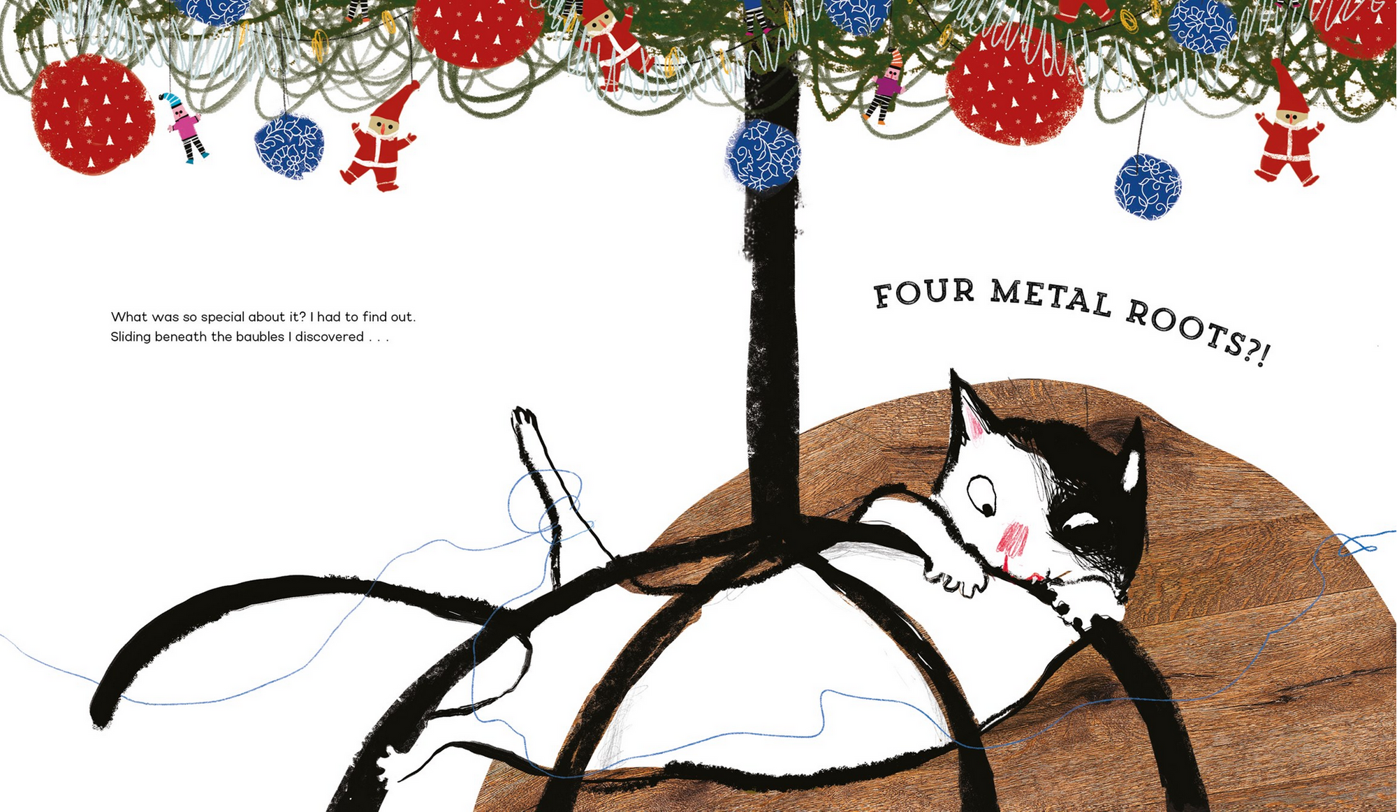 Illustration of a cat under a decorated tree with text 'FOUR METAL ROOTS?'