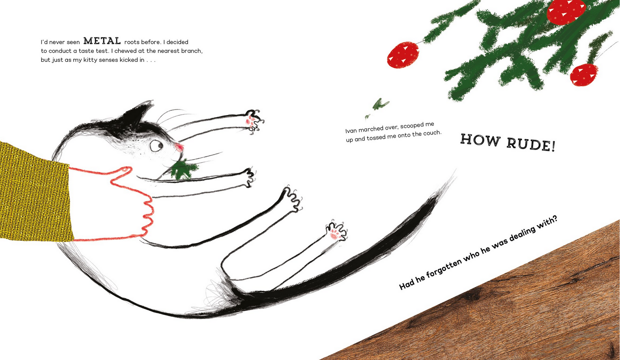 Illustration of a cat being startled by a branch with berries, on a white background.