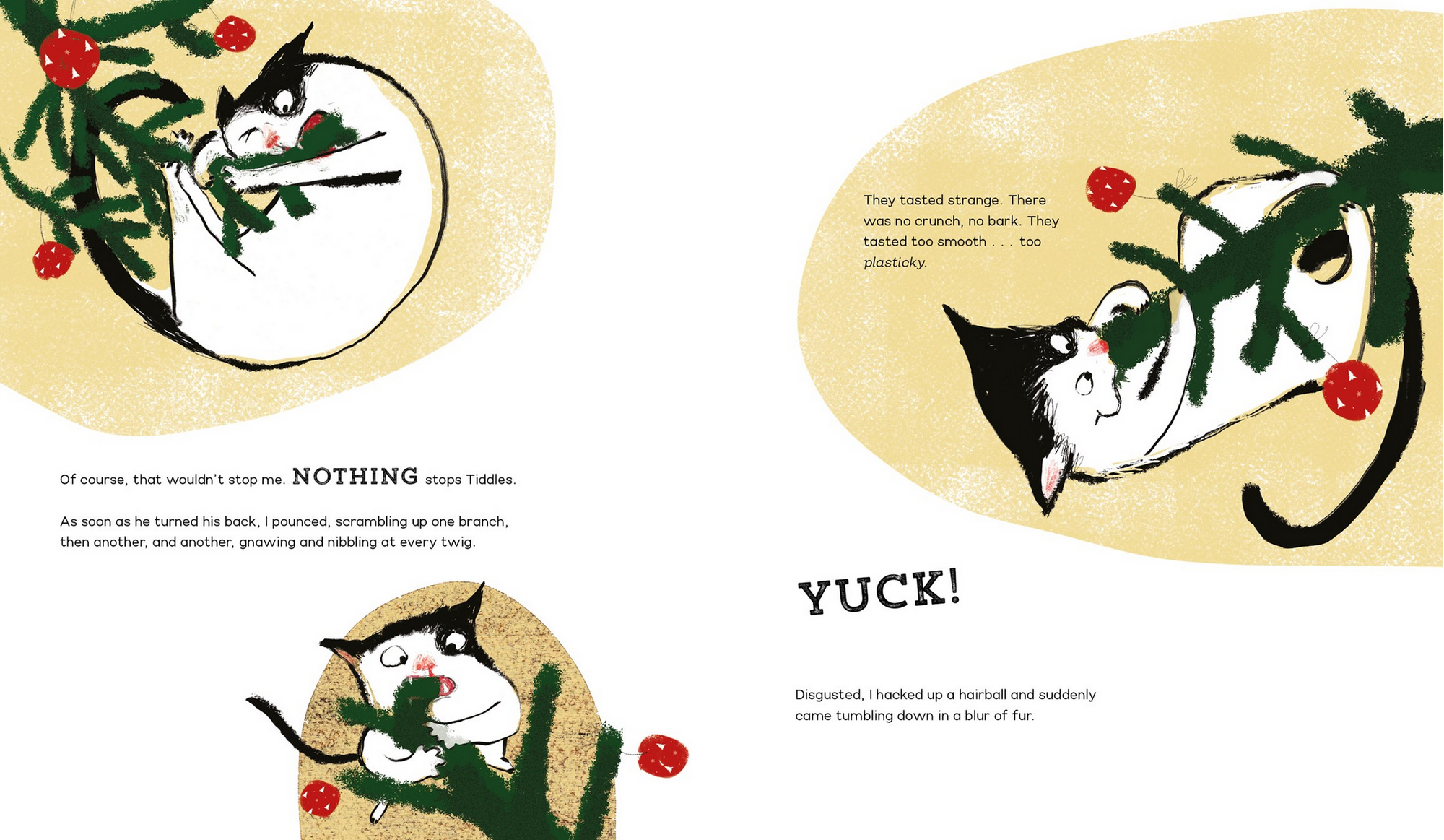 Illustrations of a cat playing with a branch and text on a beige background