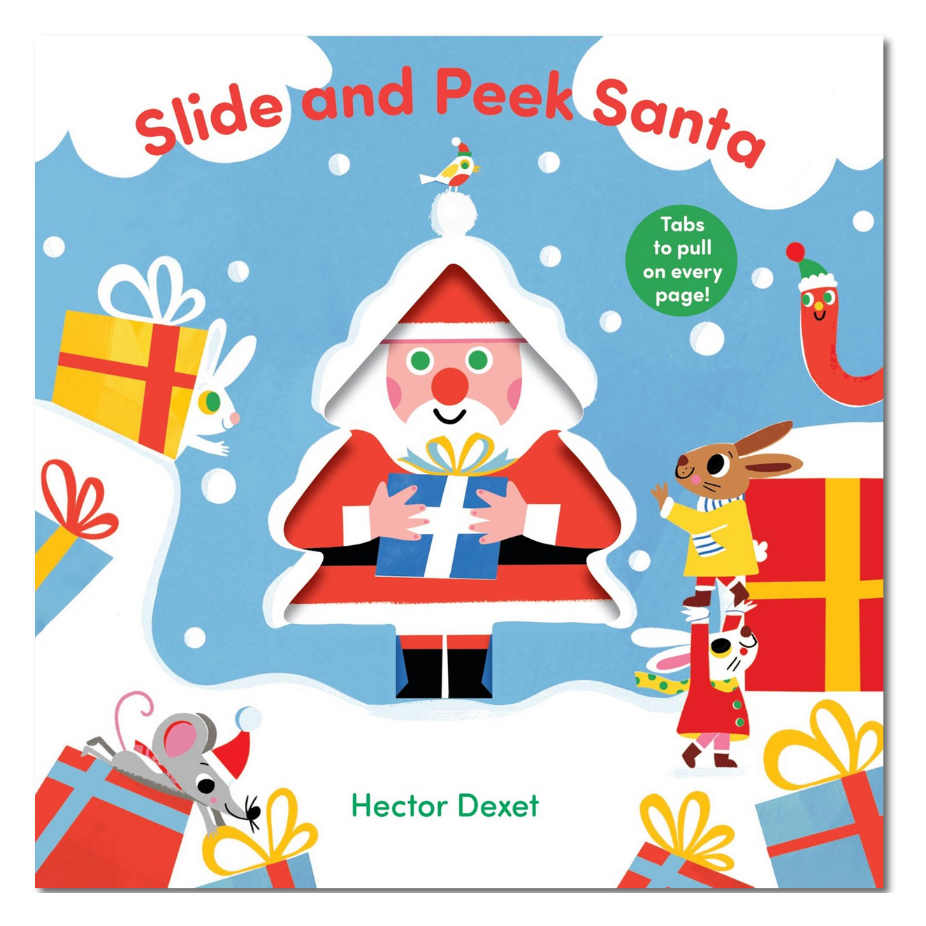 Jacket cover of a children's book titled 'Slide and Peek Santa' with illustrations of Santa Claus and presents.