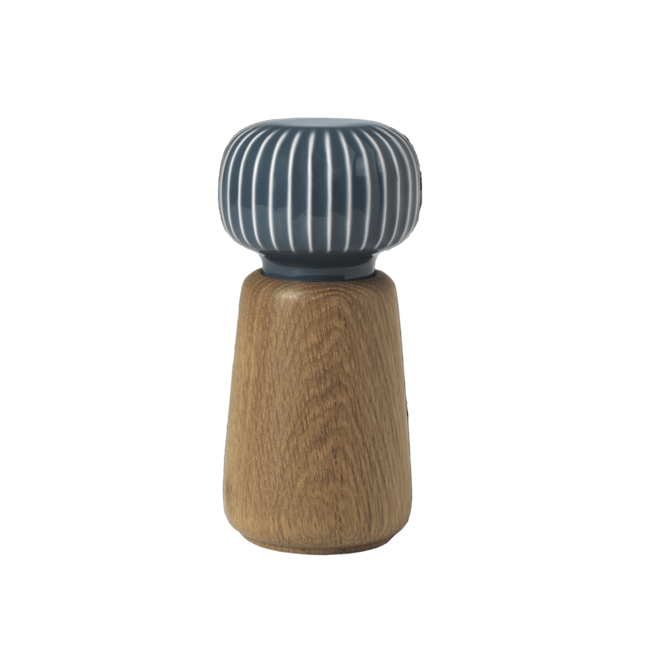 Wooden pepper grinder with a gray top on a transparent background