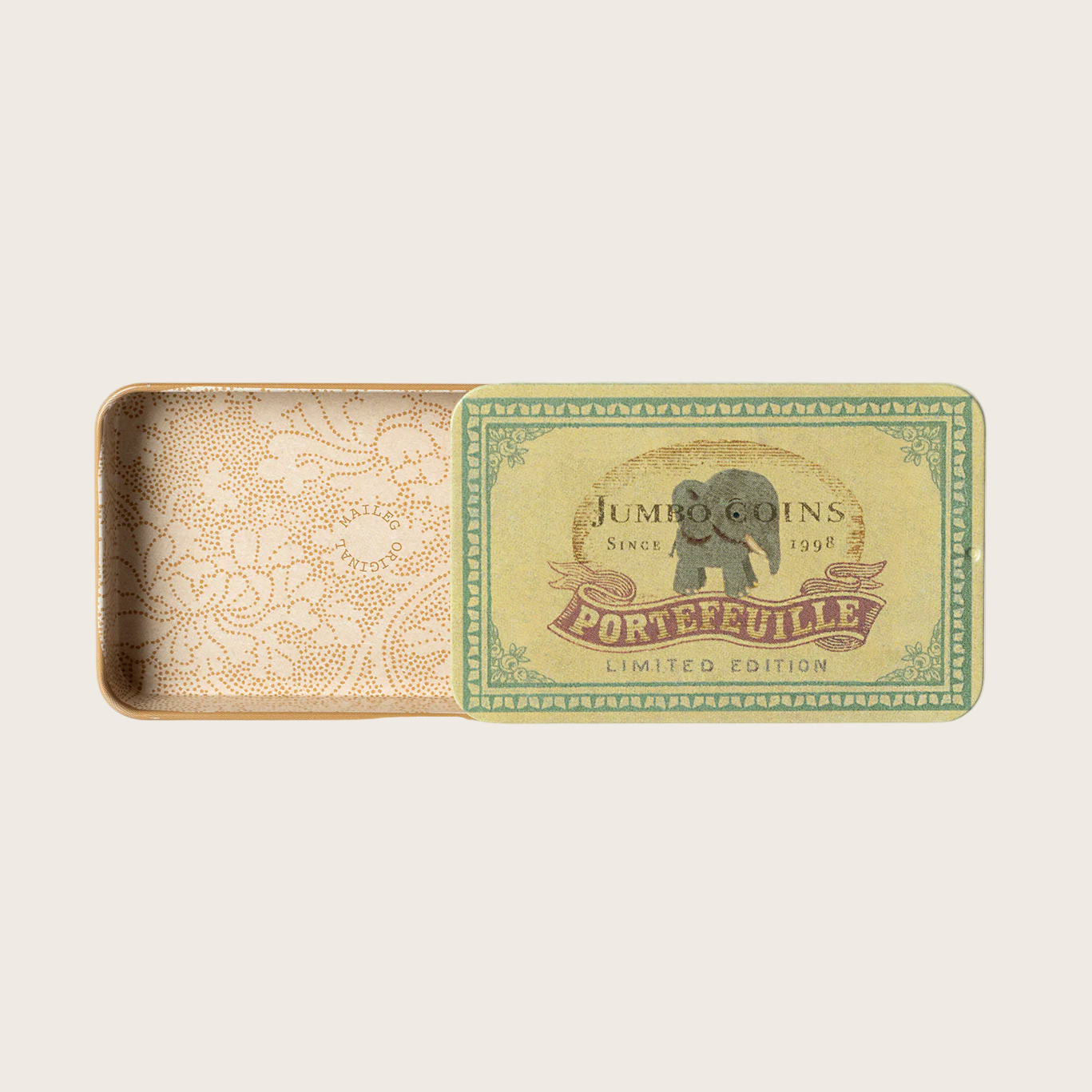 Small rectangular tin with decorative lid featuring a brand logo on a beige background