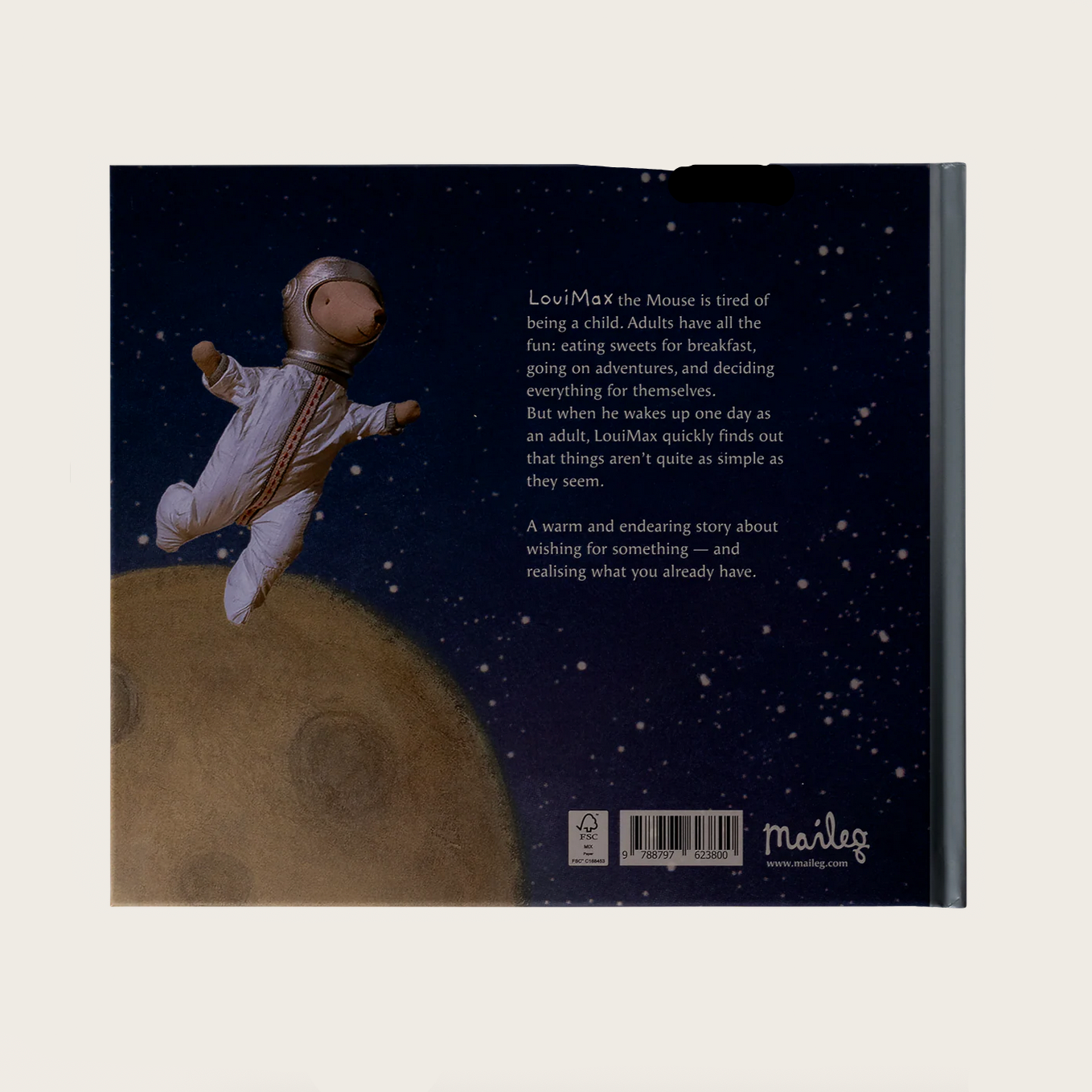 Book cover with an illustration of a mouse in an astronaut suit on the moon, featuring text about the mouse's adventures.
