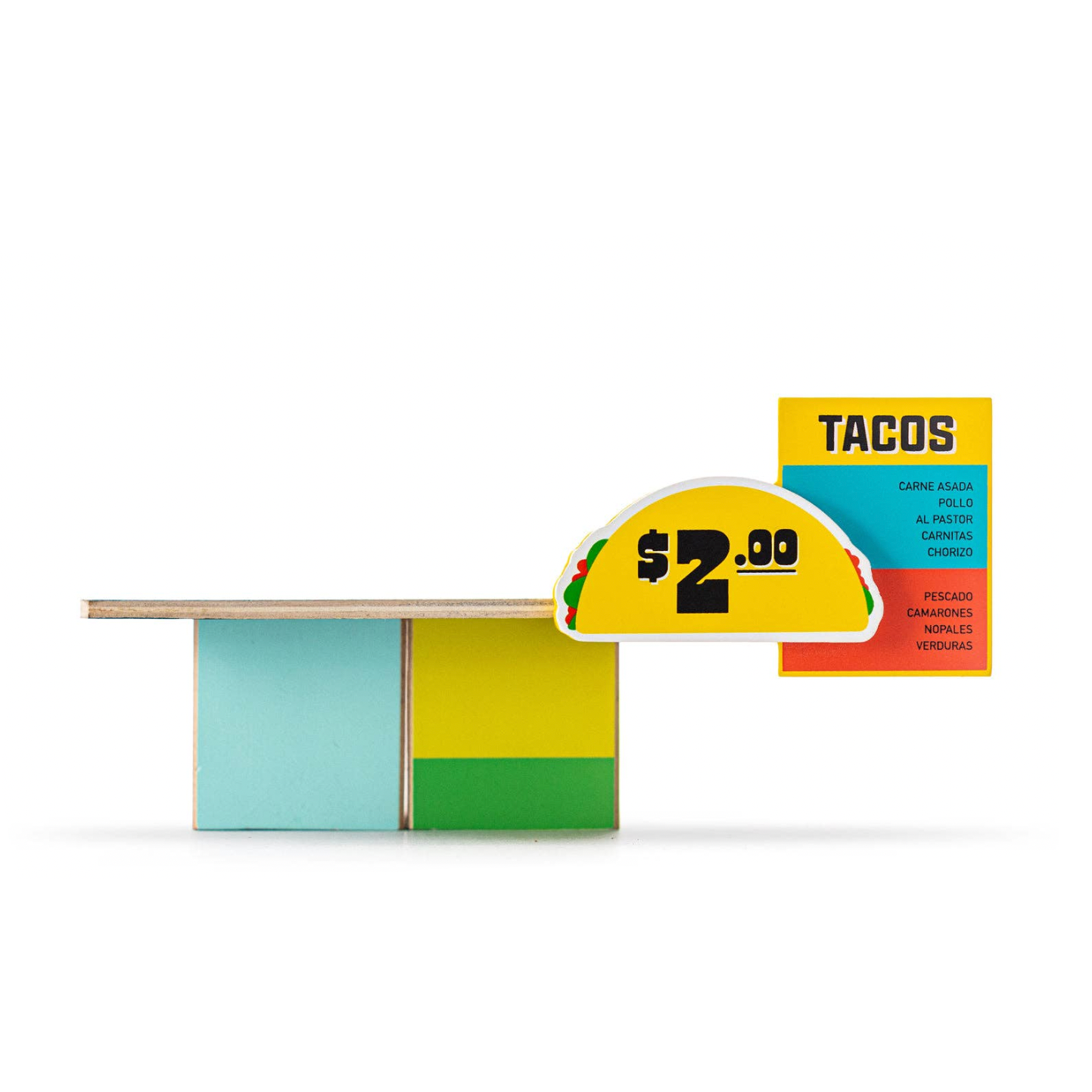 Colorful taco stand with a price sign 