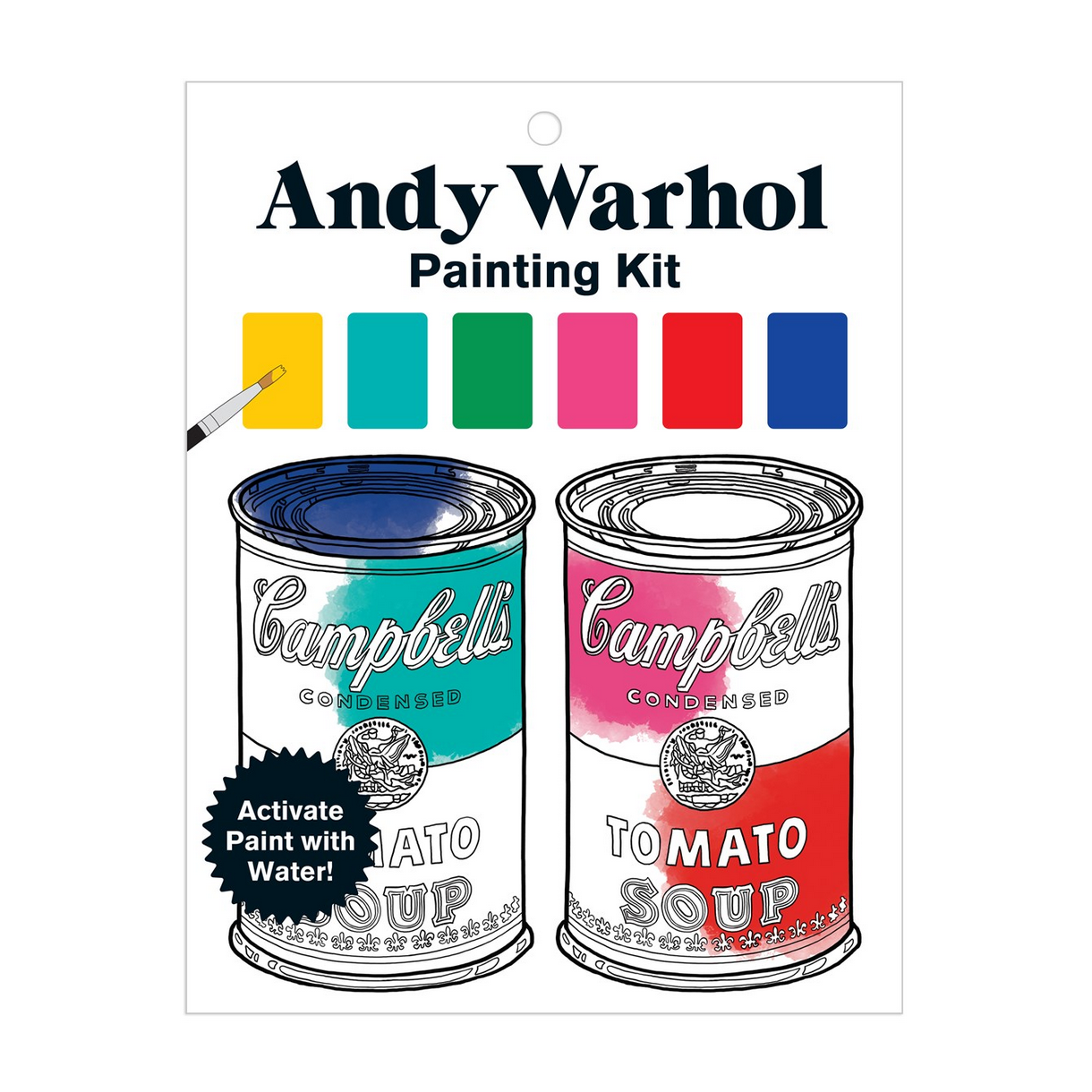 Andy Warhol-themed painting kit with Campbell's Soup cans and color swatches.