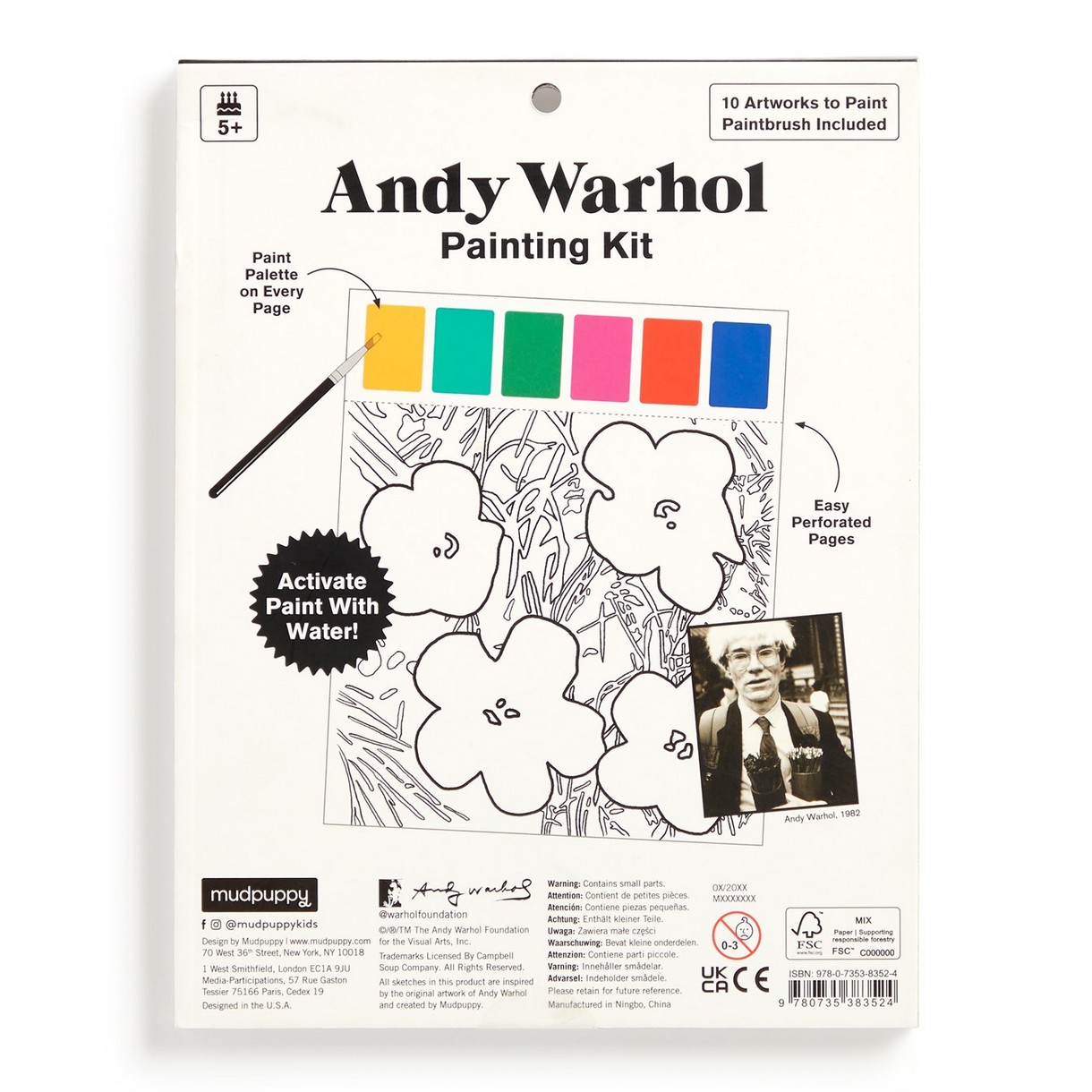 Andy Warhol painting kit packaging with paint swatches and a photo of Andy Warhol.