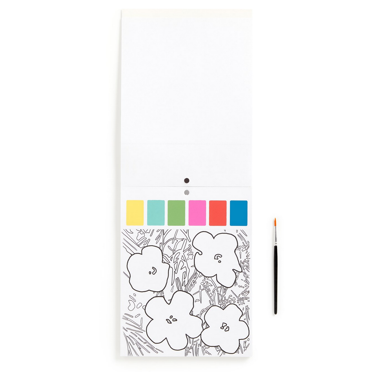 Coloring book with floral design and color swatches on a white background