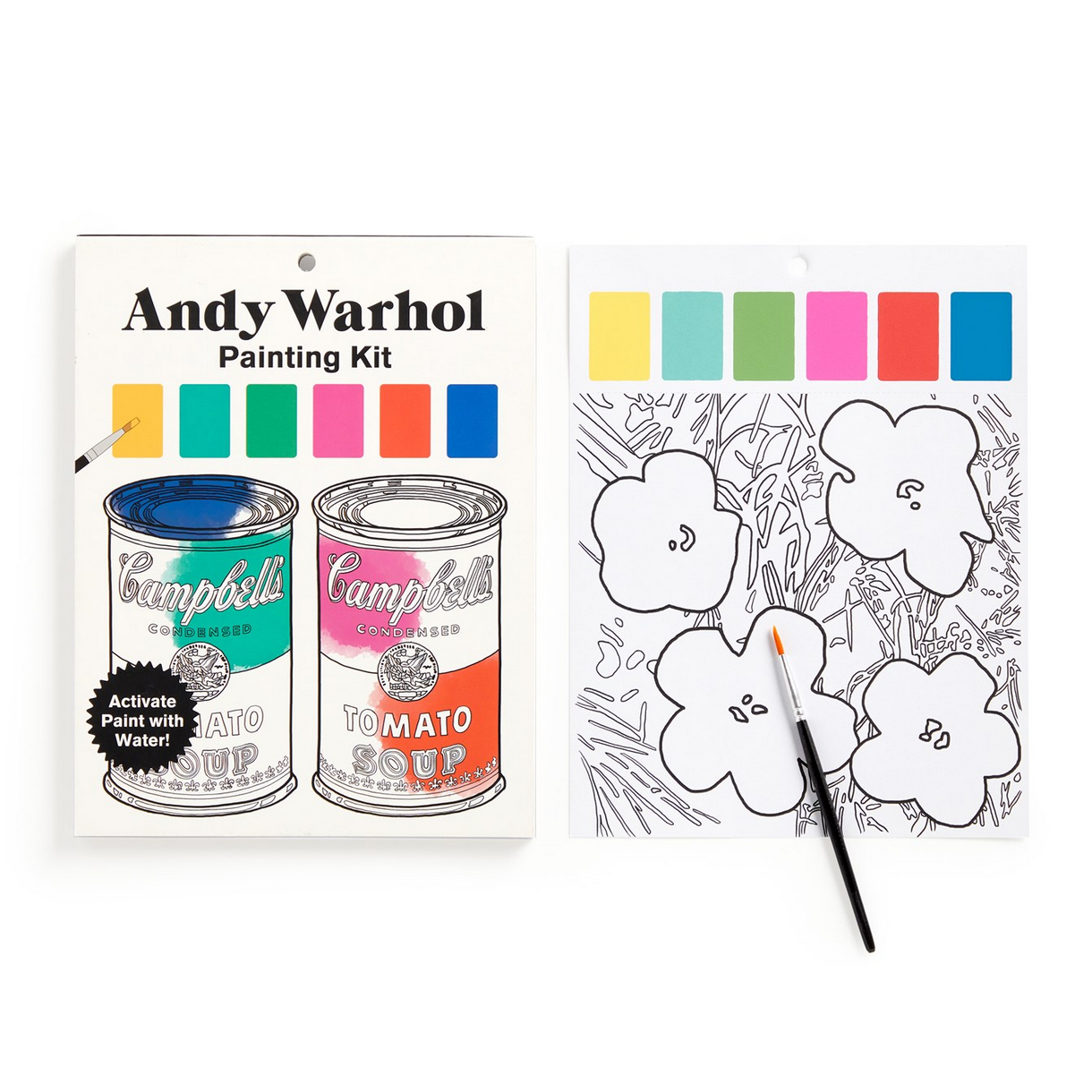 Andy Warhol painting kit with Campbell's Soup cans and coloring book on a white background
