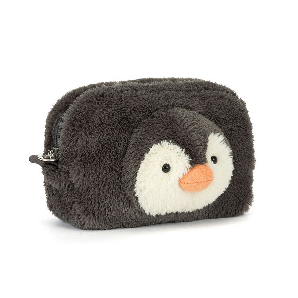 Jellycat penguin-shaped pouch on a white background