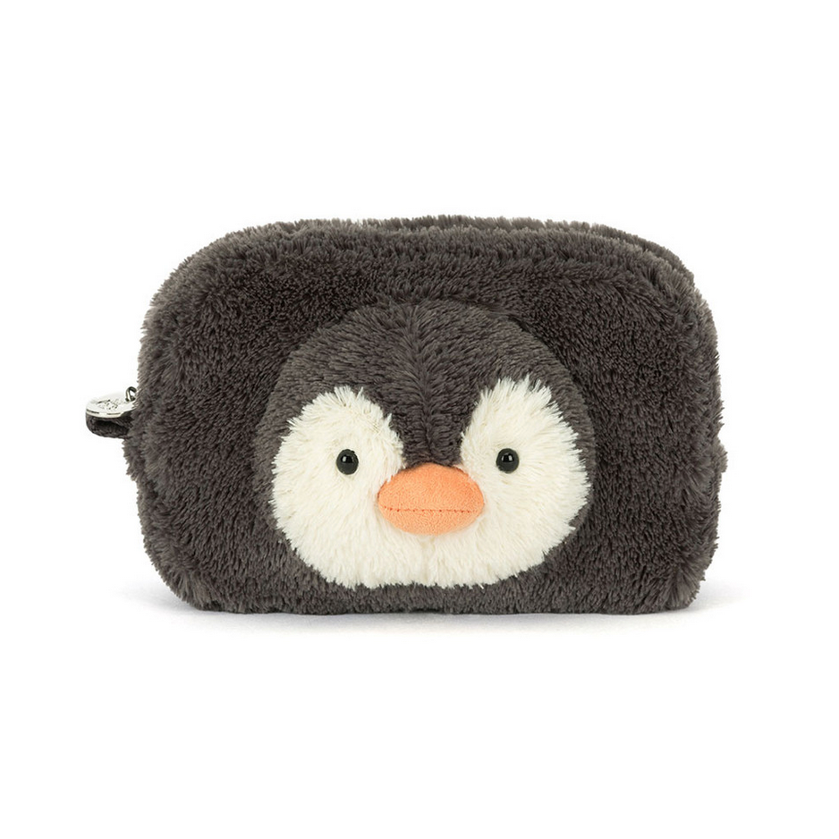 Penguin pouch on a white background with Jellycat branding.