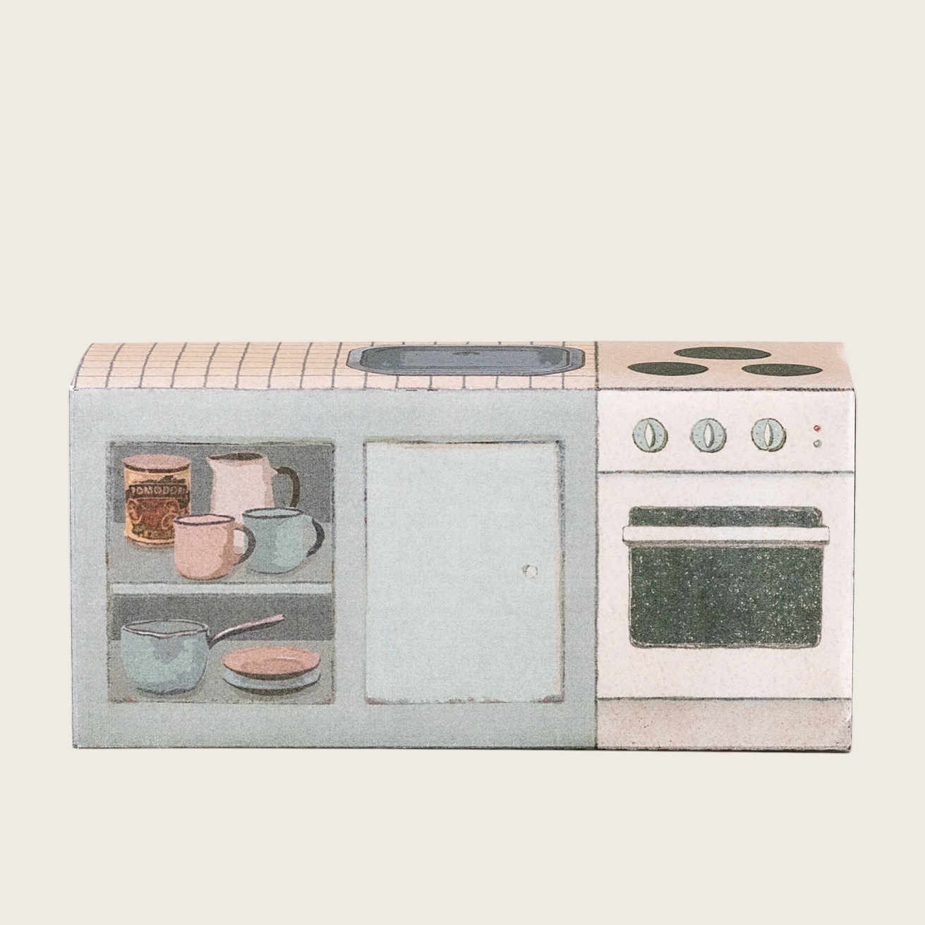 Children's toy kitchen set with oven, stove, and utensils on a light gray background