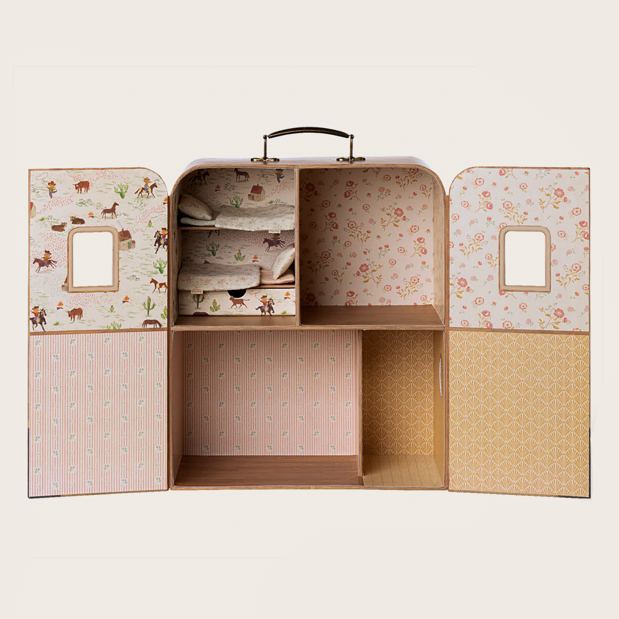 Small, decorative cabinet with floral and animal print doors on a white background